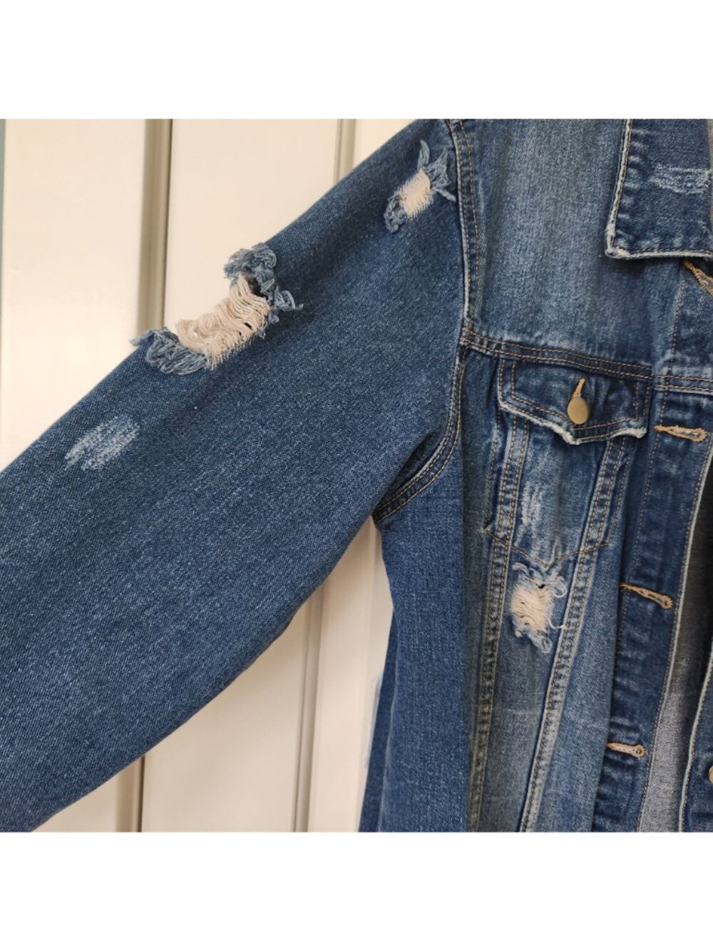 Distressed Denim Jacket Paris New York London Milano Oversized Glam Supermodel - Picture 4 of 13